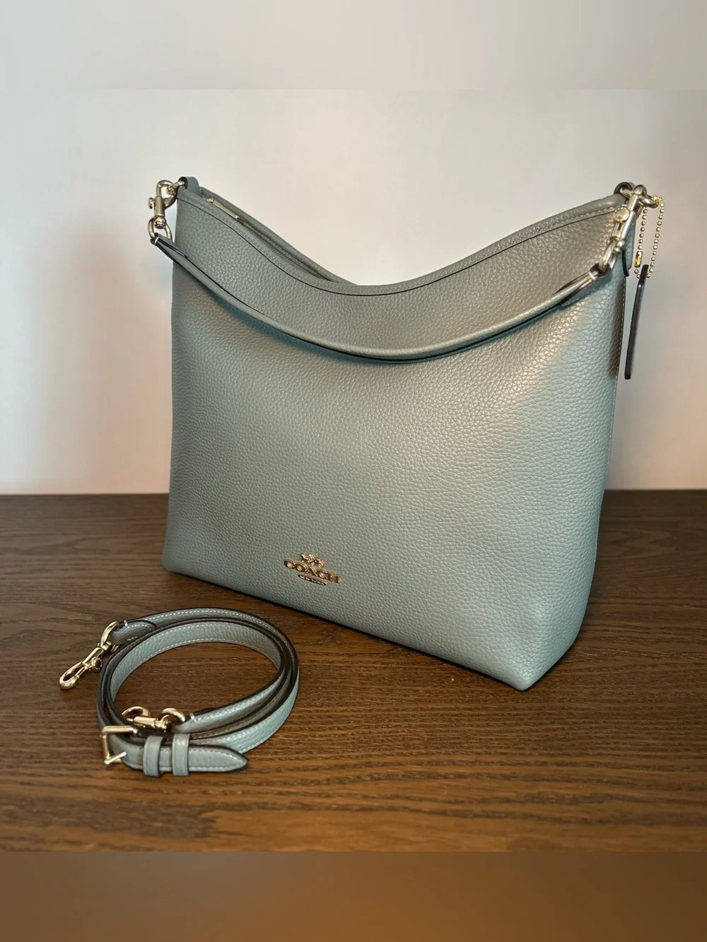 Coach Large Laurel Shoulder Crossbody Bag + Matching Wristlet Sage Green Pebble